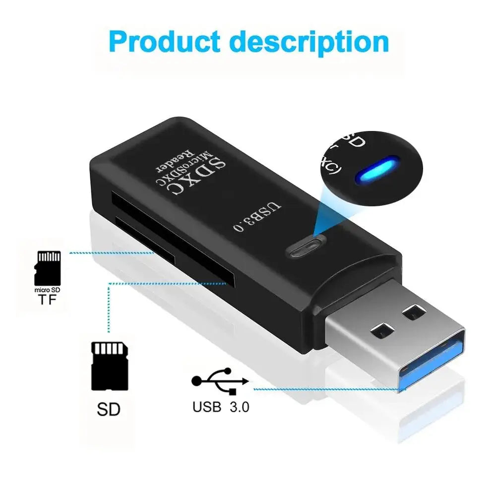 2-in-1 USB 3.0 Card Reader | High-Speed SD & MicroSD Memory Card Adapter // Lector de Tarjetas USB 3.0 2 en 1 | Adaptador para SD y MicroSD de Alta Velocidad