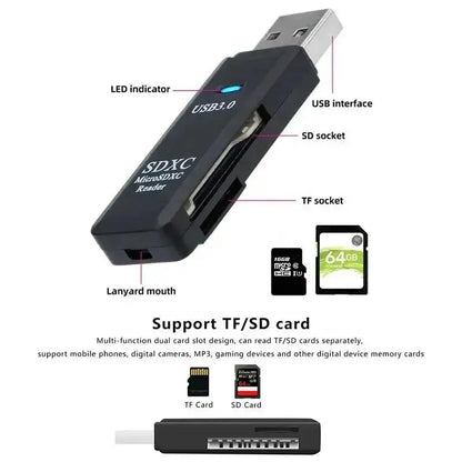 2-in-1 USB 3.0 Card Reader | High-Speed SD & MicroSD Memory Card Adapter // Lector de Tarjetas USB 3.0 2 en 1 | Adaptador para SD y MicroSD de Alta Velocidad