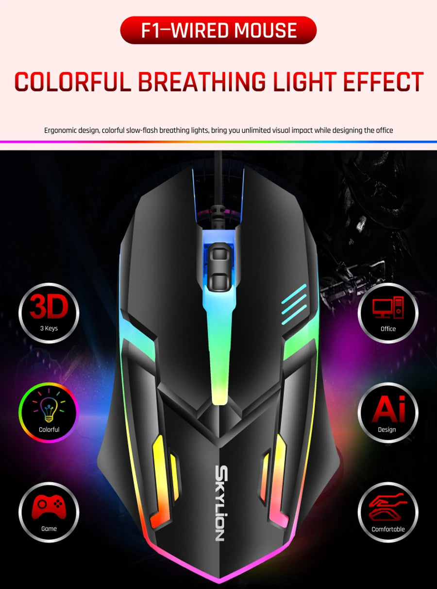 F1 RGB Wired Mouse | Ergonomic Optical Mouse for Gaming & Office